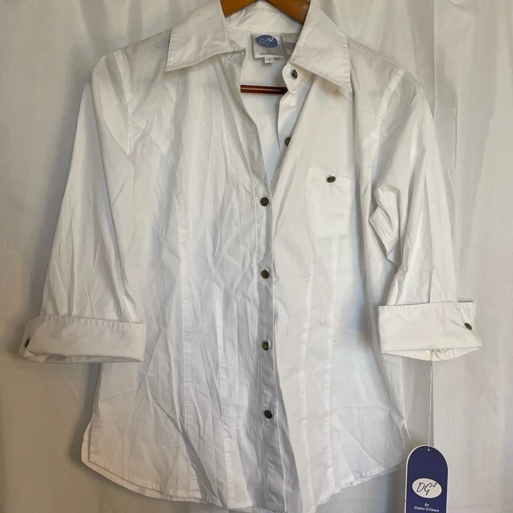 DG2 Diane Gilman Women’s Fitted White Button Down 3/4 Sleeves Shirt Blouse Small